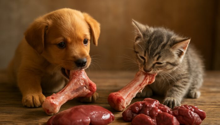 Playful puppy and kitten gnawing raw bones next to organ meats on a wooden table.