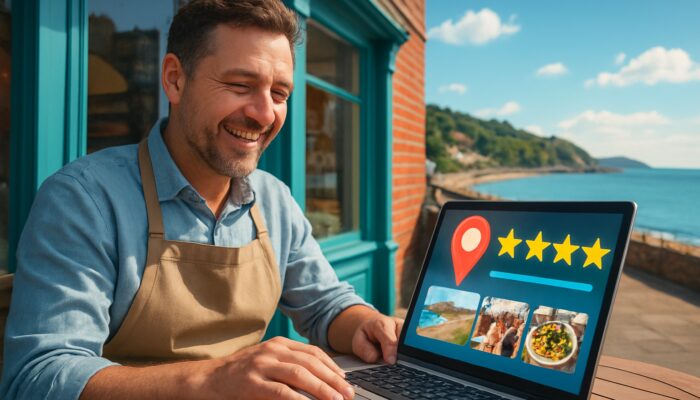 Torbay shop owner updating Google Business Profile on laptop with a coastal backdrop
