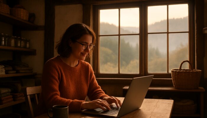 Small business owner composing a blog on a laptop in a quaint Lydney shop with misty views of the Forest of Dean