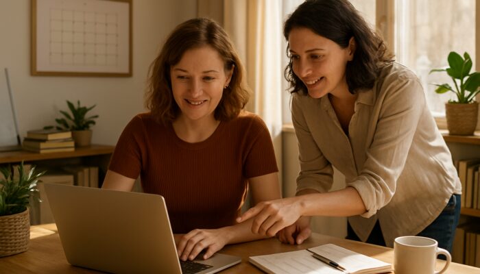 Lydney business owner strategising blog content on a laptop with local expert in a sunlit office