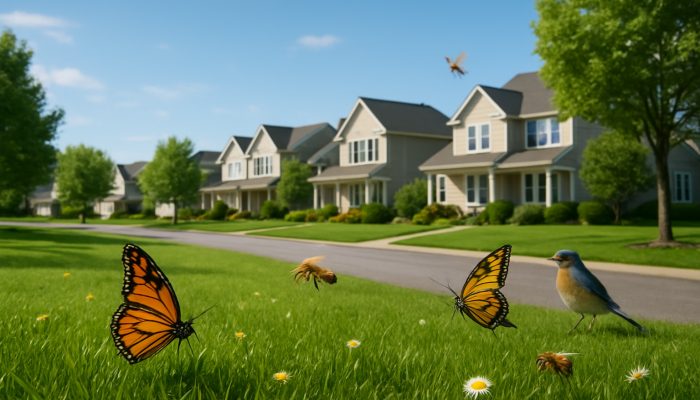 A charming Ilchester neighbourhood featuring vibrant lawns, butterflies, bees, and songbirds under clear skies.