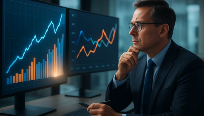 Understanding Variable Vs Fixed Rates: Key Mortgage Insights | DCL Financial expert analysing glowing Bank of England interest rate and mortgage charts in office