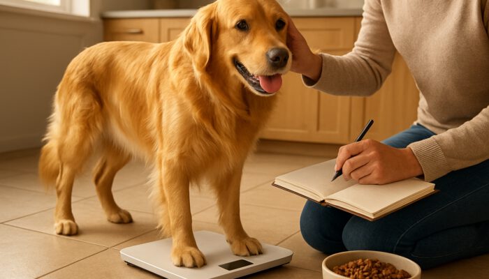 Owner weighs lively golden retriever on a scale while checking its coat in a sunlit kitchen