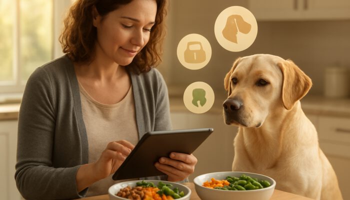 Owner reviews health data of a Labrador on a tablet beside personalised nutrition bowls in a kitchen