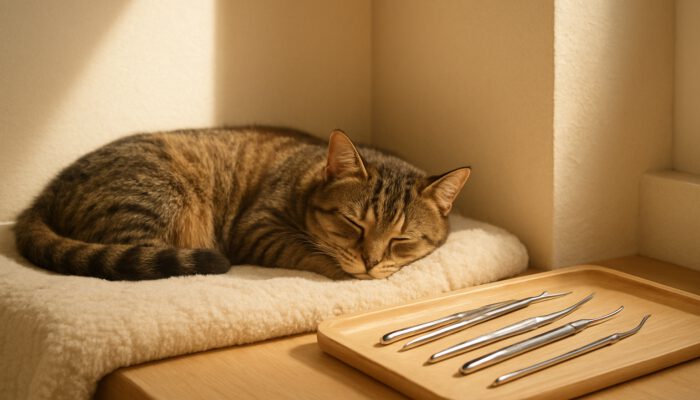Relaxed cat on blanket in sunlit clutter-free nook with dental tools nearby
