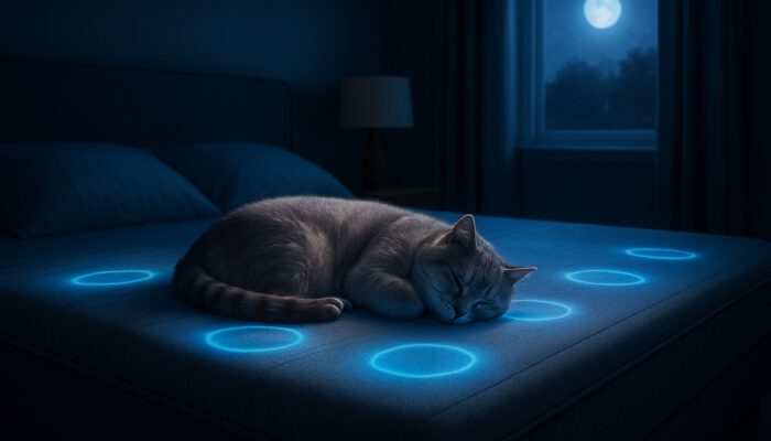 A serene pet sleeping on a sleek smart bed with glowing sensors in a moonlit bedroom