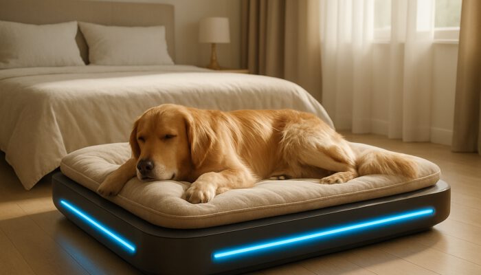 Golden retriever relaxing on a sleek temperature-controlled pet bed with cooling panels in a modern bedroom