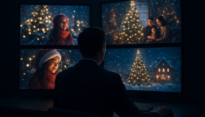 Strategist examining competitors' festive holiday video campaigns and metrics on illuminated screens in a dimly lit room.