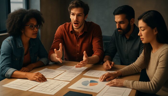 Diverse creative team strategising brand video with storyboards and budget charts under cinematic lighting.