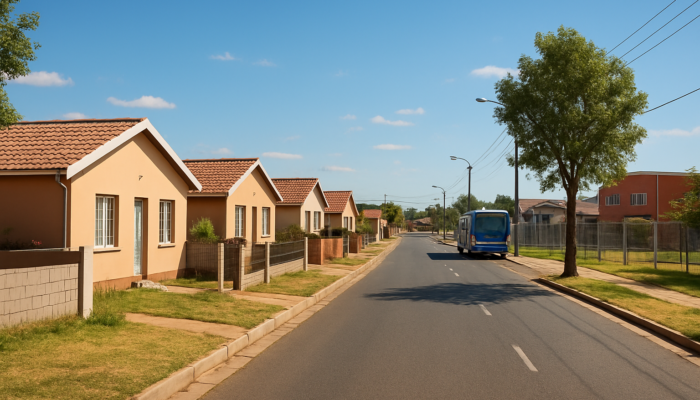 Vibrant suburban street in Springs, South Africa, showcasing modest entry-level homes conveniently located near schools and shopping centres.