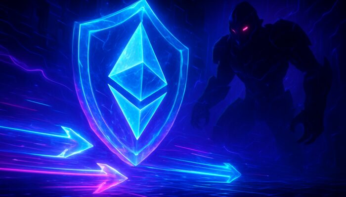 Futuristic arena with radiant Ethereum transactions shielded by crystalline armour from stealthy MEV bots in vibrant neon hues.
