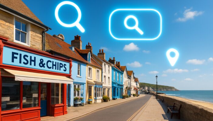 Vibrant Swanage promenade featuring fish and chip shops and prominent location keywords