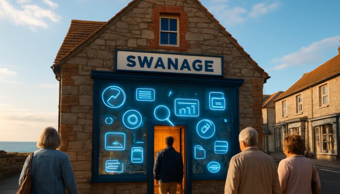 Charming Swanage shop illuminated with floating SEO icons and meta descriptions as local customers enter under bright coastal sky.