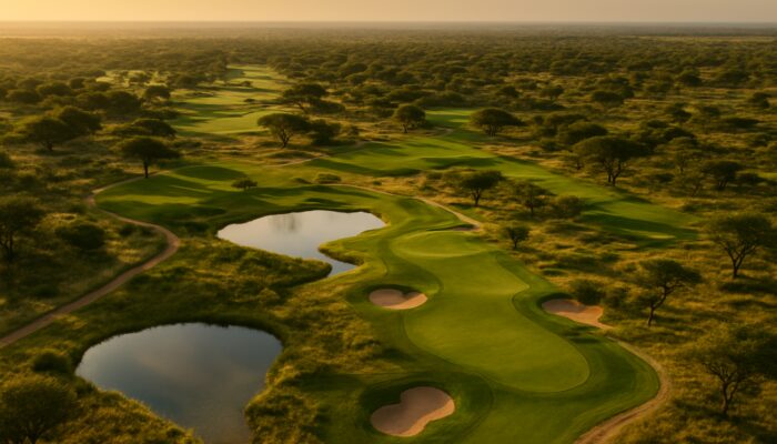 Aerial view of Serengeti Jack Nicklaus golf course in South Africa with lush fairways and water features