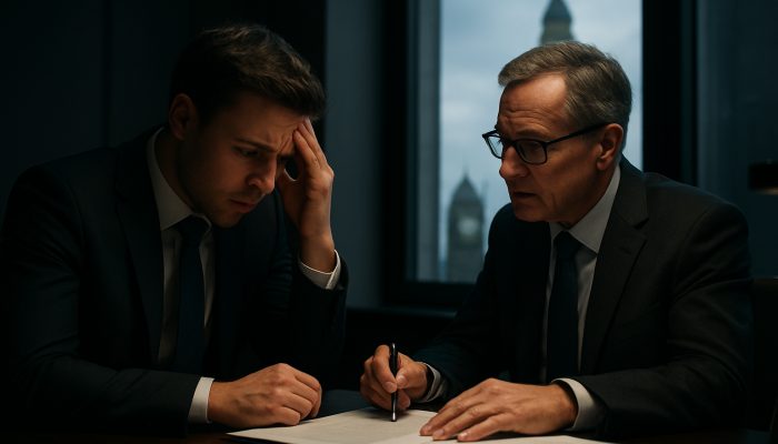 When to Seek Guidance on Business Liabilities: UK Essentials | DCL Concerned UK entrepreneur discusses business liability contracts with solicitor in a sleek London office near Big Ben.