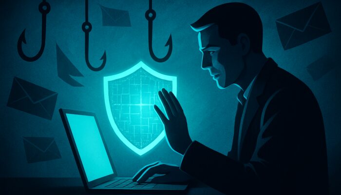 Professional blocking phishing emails with a digital shield on a glowing laptop, highlighting cybersecurity awareness