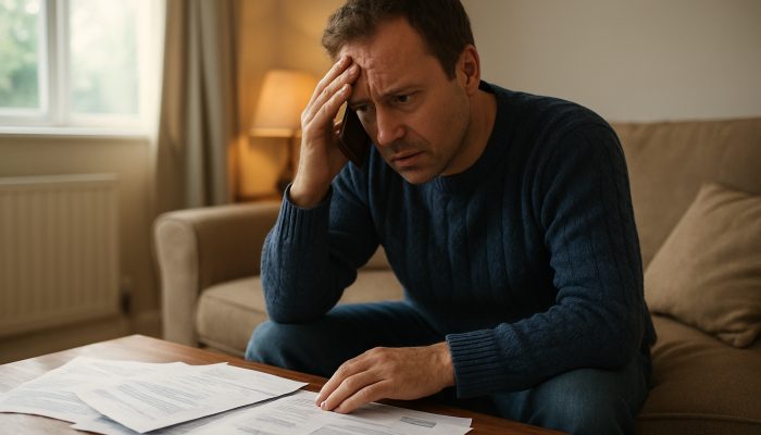 What Happens if One Partner Stops Paying: Mortgage Advice | DCL Stressed British homeowner urgently calls mortgage lender amid scattered papers in cozy living room.