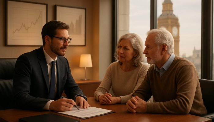 Consulting an Adviser About Your Financial Plans: Expert UK Guidance | DCL UK financial adviser discussing retirement portfolios with couple in an office overlooking Big Ben