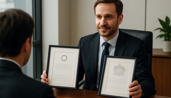Consulting an Adviser About Your Financial Plans: Expert UK Guidance | DCL UK financial adviser displaying FCA credentials and Chartered Planner certificate to a client in a modern office
