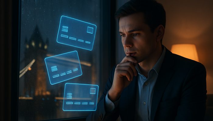 Choosing Future Credit With Care: Expert UK Advice | DCL Young professional examining holographic credit cards in London apartment overlooking Big Ben at night.