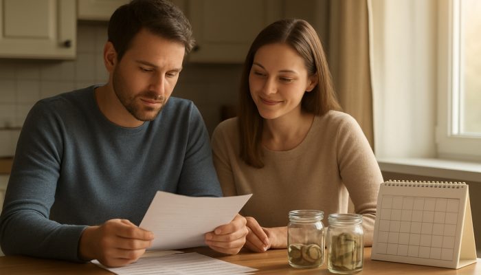 Choosing Future Credit With Care: Expert UK Advice | DCL British couple reviewing loan documents at kitchen table with debt-free calendar and savings jars in morning light.